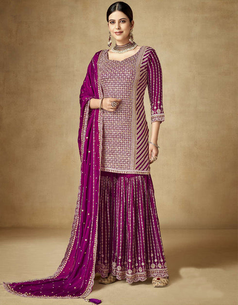 Traditional Function Wear Readymade Suit Collection Purple Premium Chinnon Sharara Suit Front View